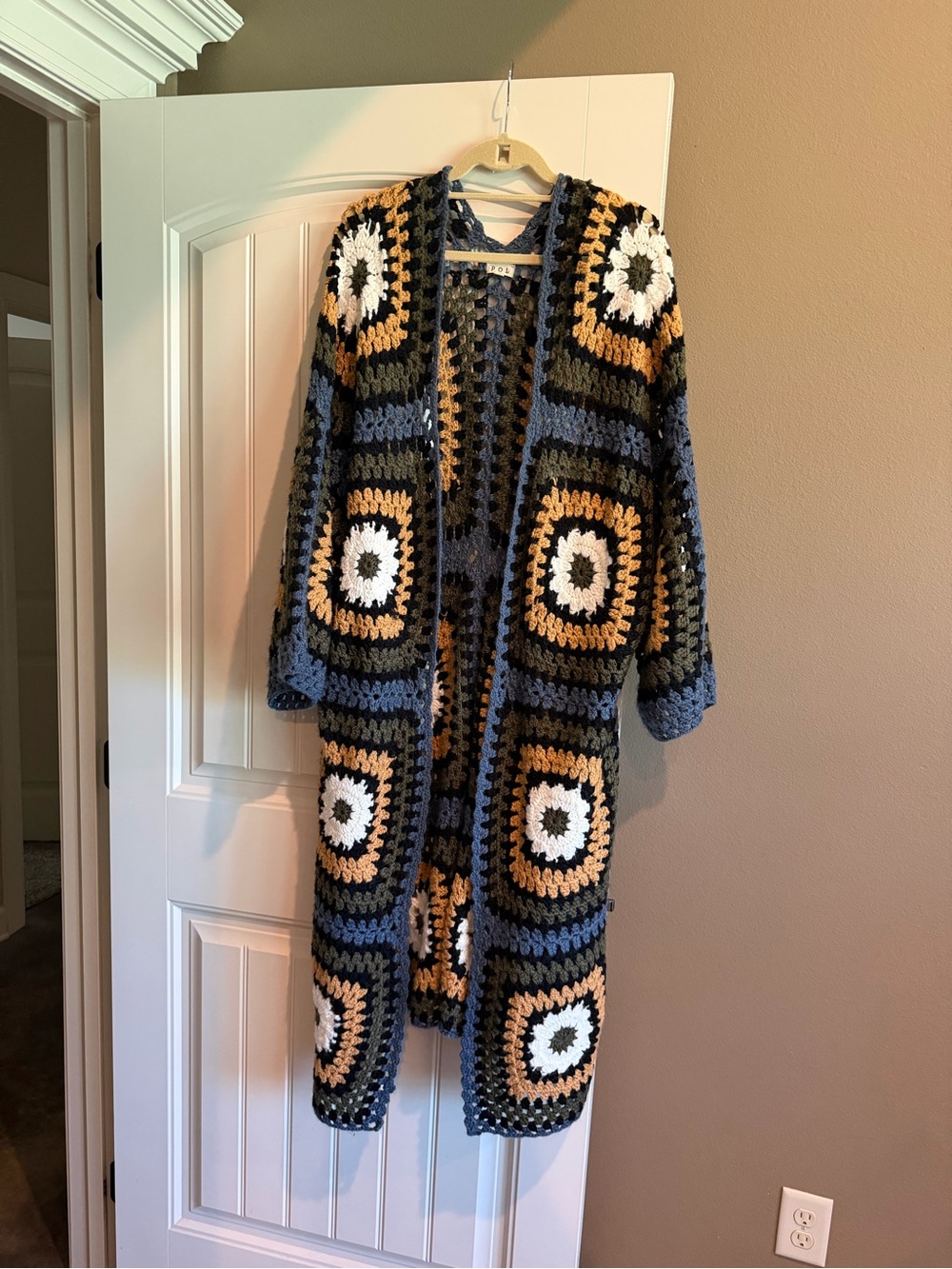 POL Crochet Granny-Square Open Cardigan - Blue, Black, Cream, Tan